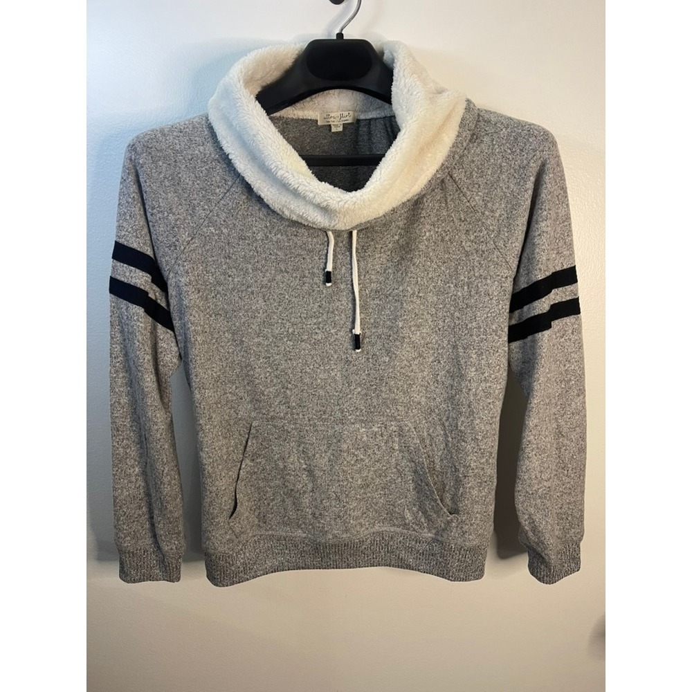Ultra Flirt Womens Gray Heathered Sherpa Cowl Neck Hoodie Varsity Stripe‎ Large